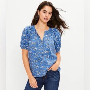 LOFT Floral Tie Neck Puff Sleeve Top Blue Blouse Sz M